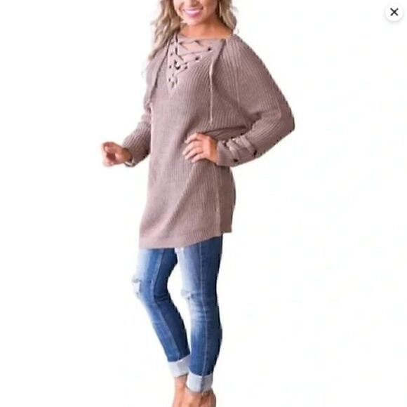 Military Hippe Lace Up V-neck Neck Green Knit Sweater one size - Picture 4 of 14